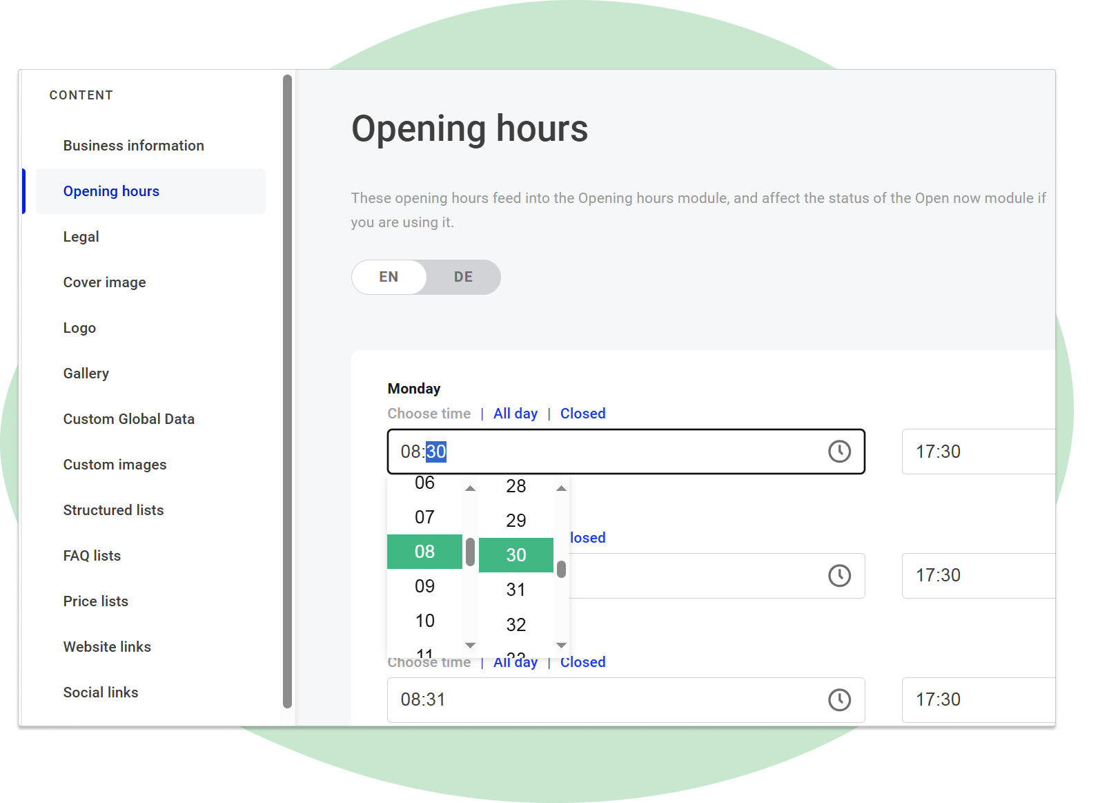 Editing the opening hours under Global Data