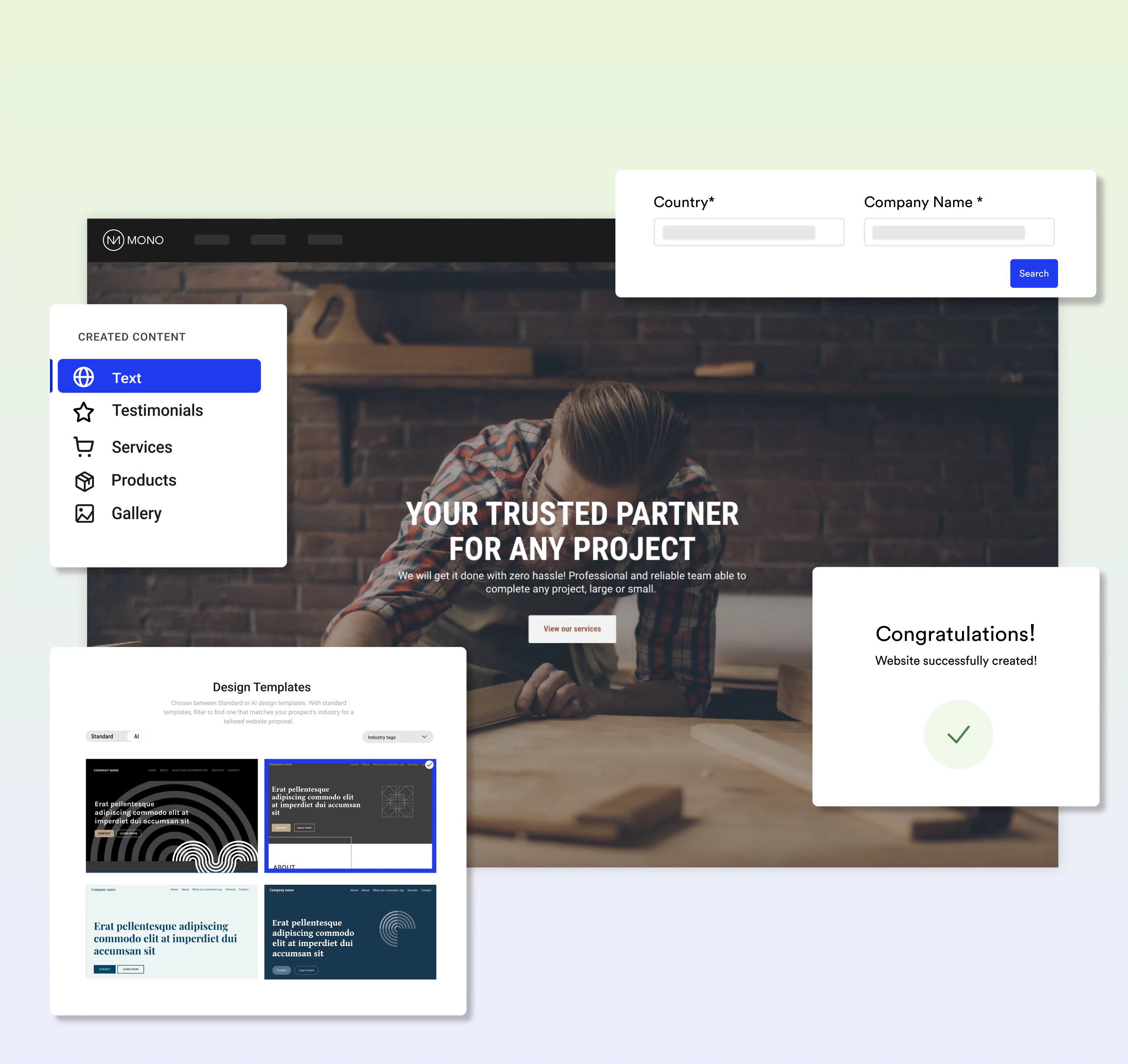 Mono - Your Trusted Partner For Any Project - Shows the main steps of the Quick Creator AI flow: Search with public business details, template selection, AI content creation and created site.